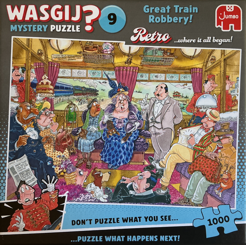 Cartoon illustration of passengers in a luxury train carriage reacting with shock to a robbery.