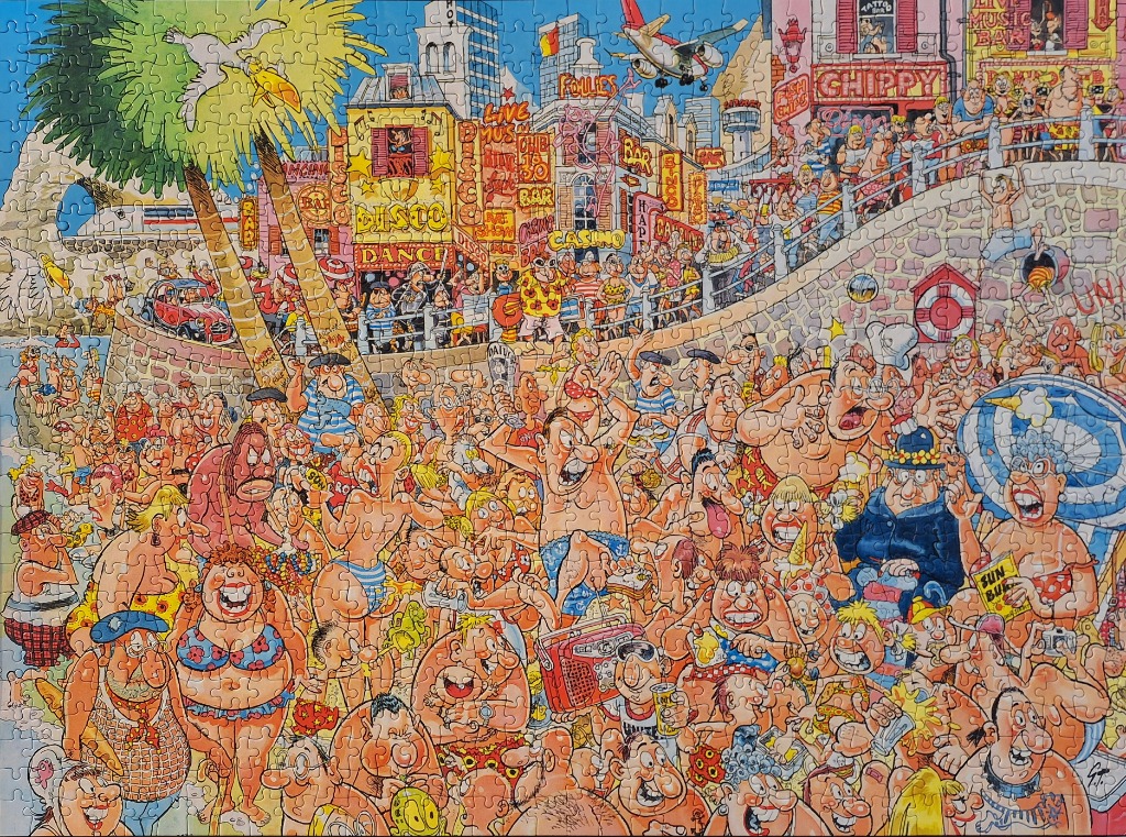 Humorous beach scene with crowded, cartoonish people, neon signs, and a bright sky.