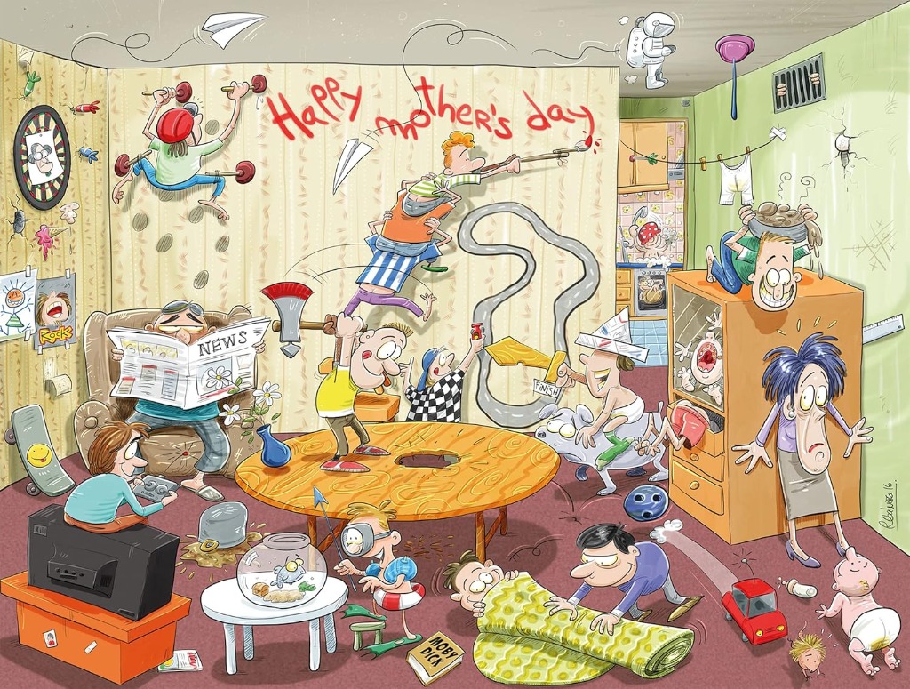 A chaotic living room scene filled with children playing and Mother looking distressed.