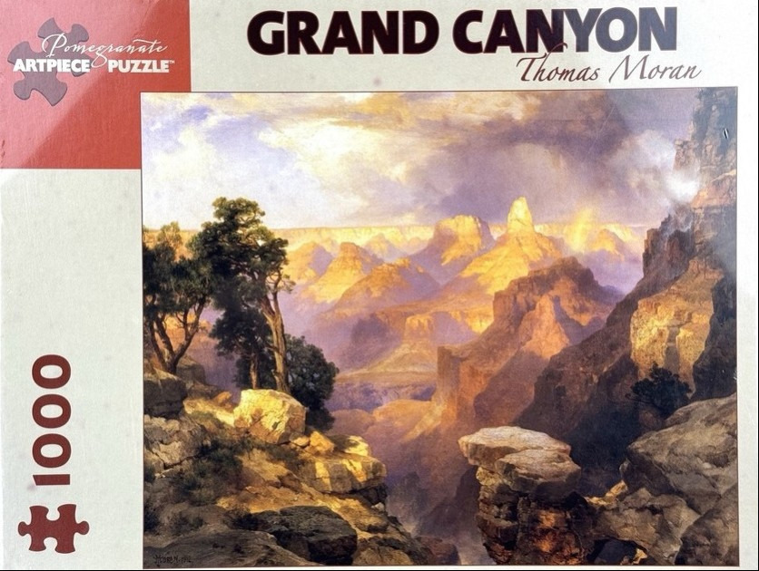 A panoramic oil painting of the Grand Canyon bathed in golden sunlight and purple shadows.