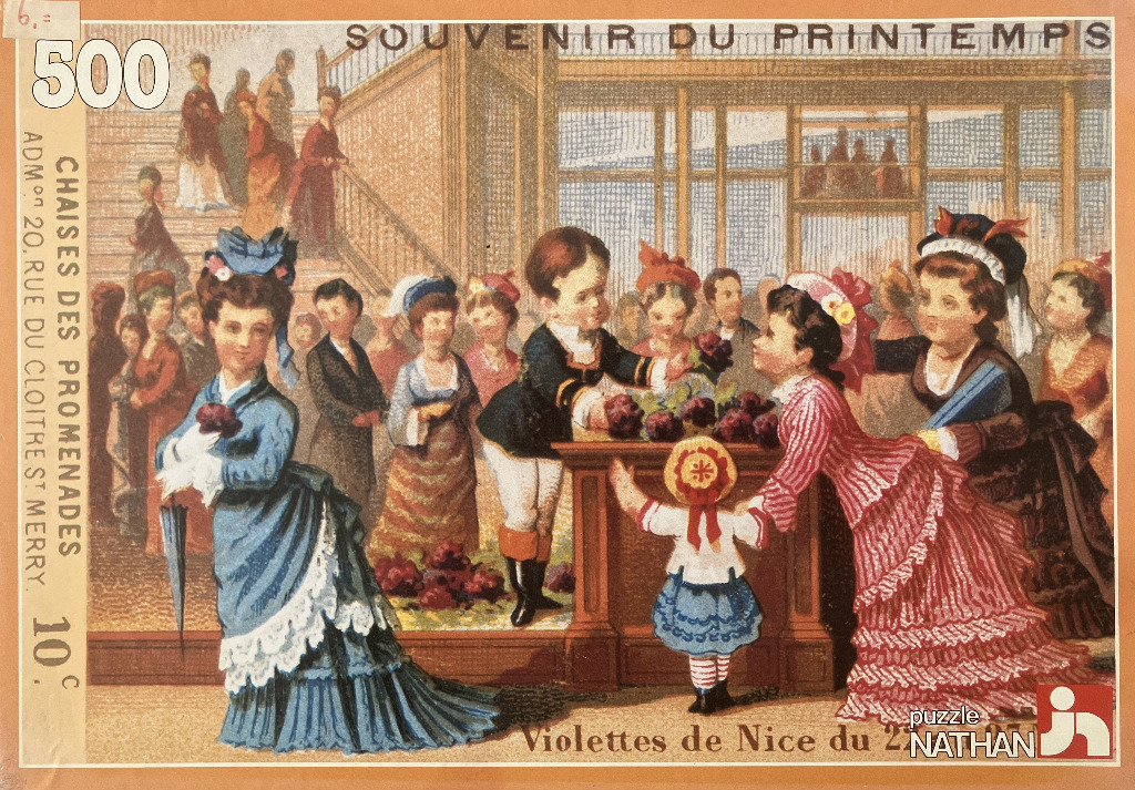 Vintage illustration of Victorian women and children gathering violets at a flower market.