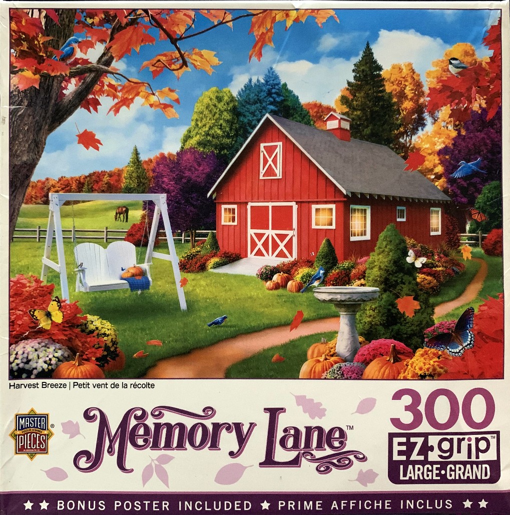 A red barn sits in a fall-themed landscape with a white swing, pumpkins, birds, and butterflies.