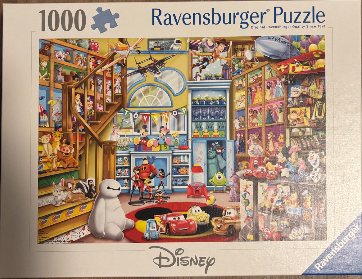 An illustration of a crowded toy shop filled with many beloved Disney and Pixar characters.