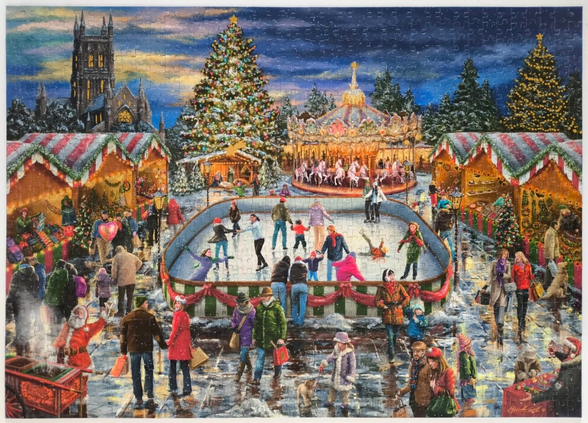 A lively Christmas market scene with an ice rink, carousel, and a gothic church under a dark evening sky.