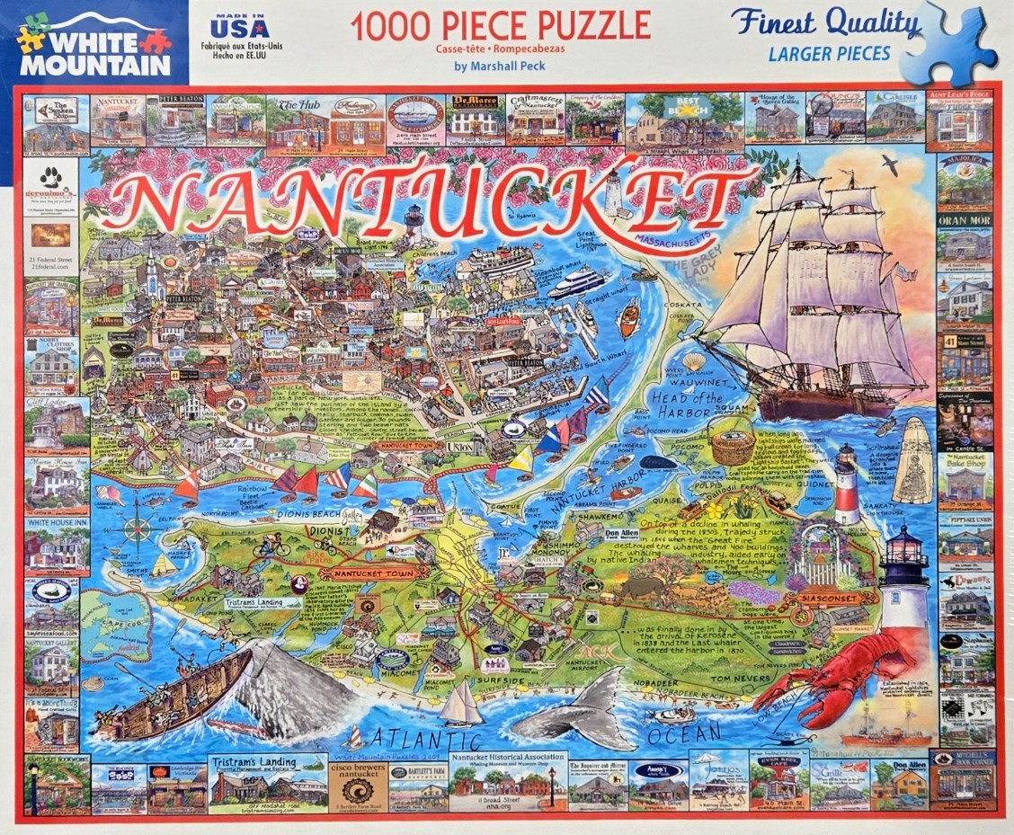 An illustrated map of Nantucket featuring a tall ship, lighthouses, and numerous small business storefronts.