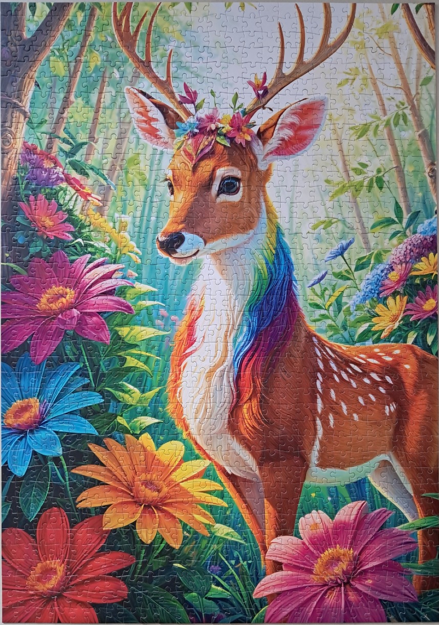 A fantasy illustration of a deer with a rainbow-colored neck and flower crown in a lush, floral forest.