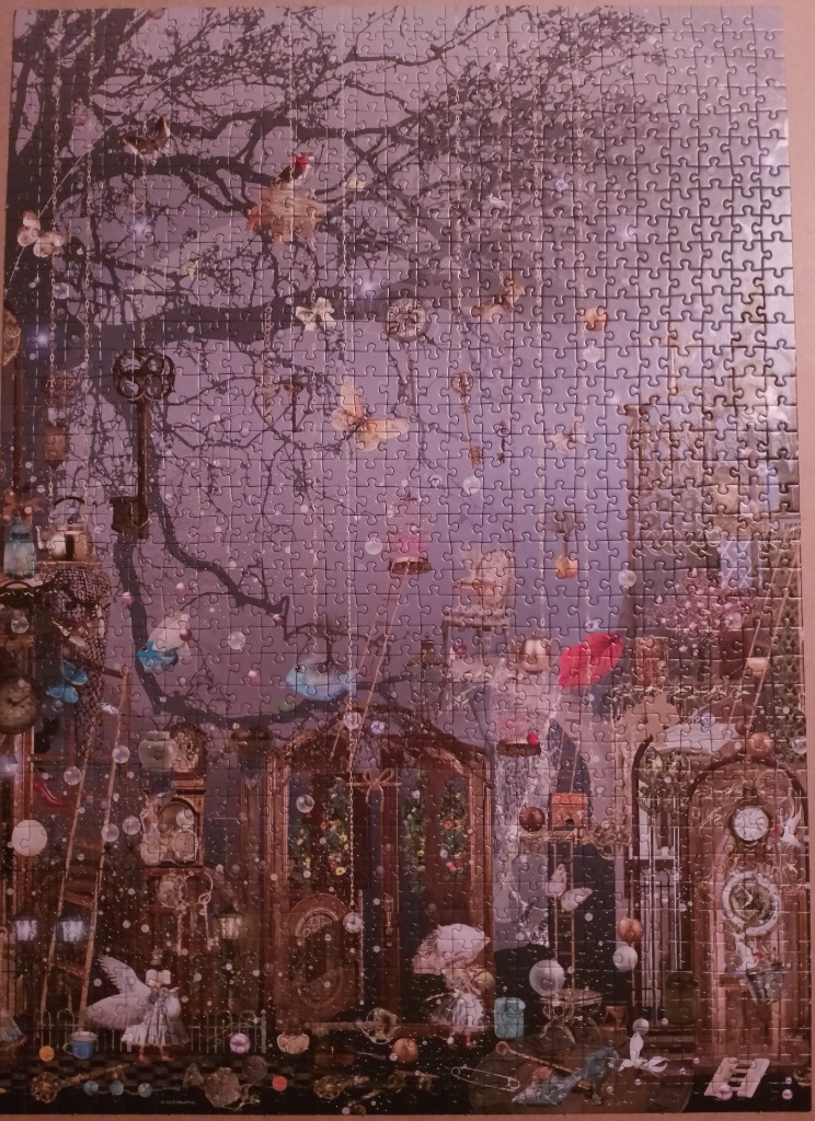Surreal illustration of a mysterious garden scene with floating objects, large keys, and clockwork details in purple tones.