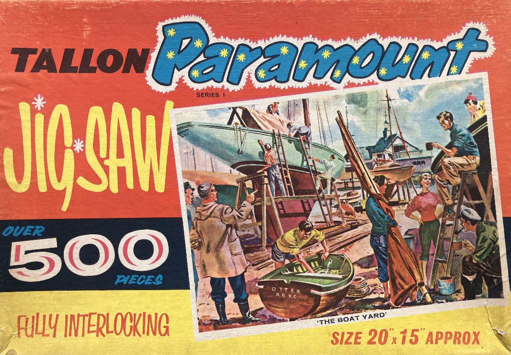 Illustration of people working on boats in a busy boatyard