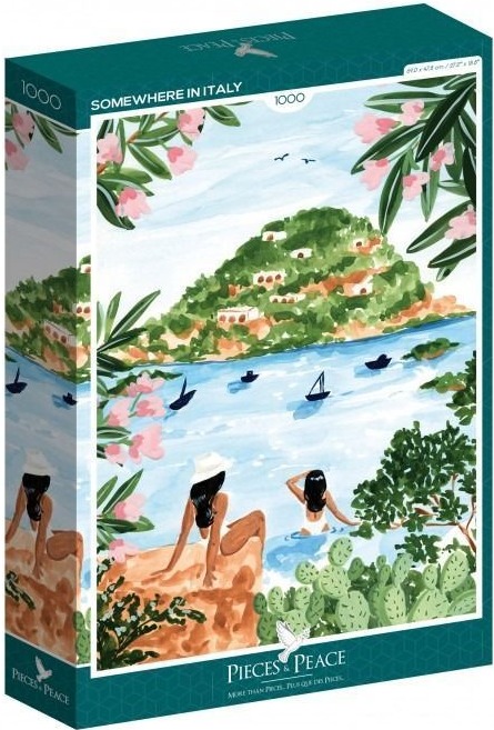 Watercolor-style illustration of two women overlooking a Mediterranean bay in Italy with hills and sailboats.