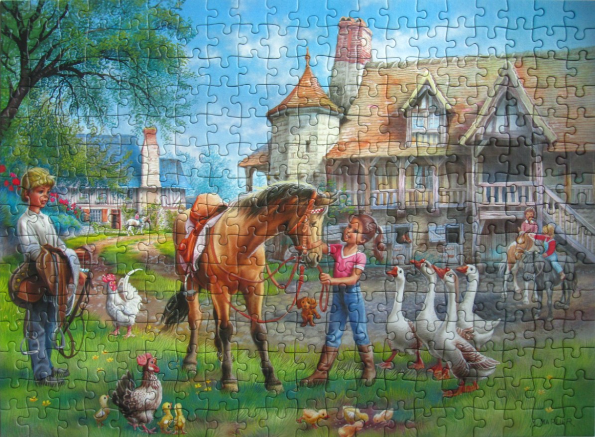 Children and animals at a stable in a sunny rural landscape illustration