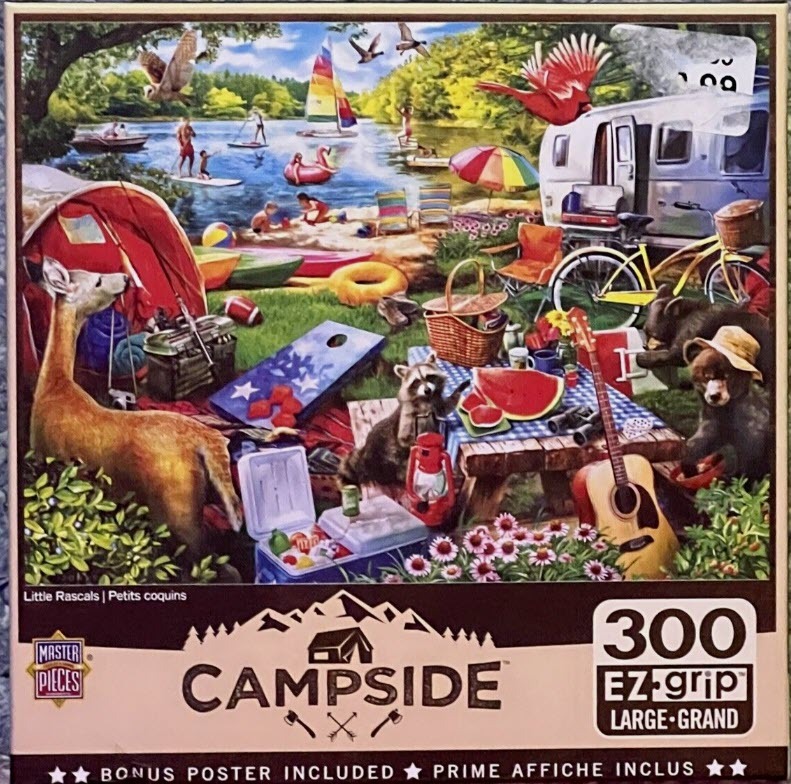 A lively outdoor campsite scene by a lake with a deer, a bear, a raccoon, and various camping gear.