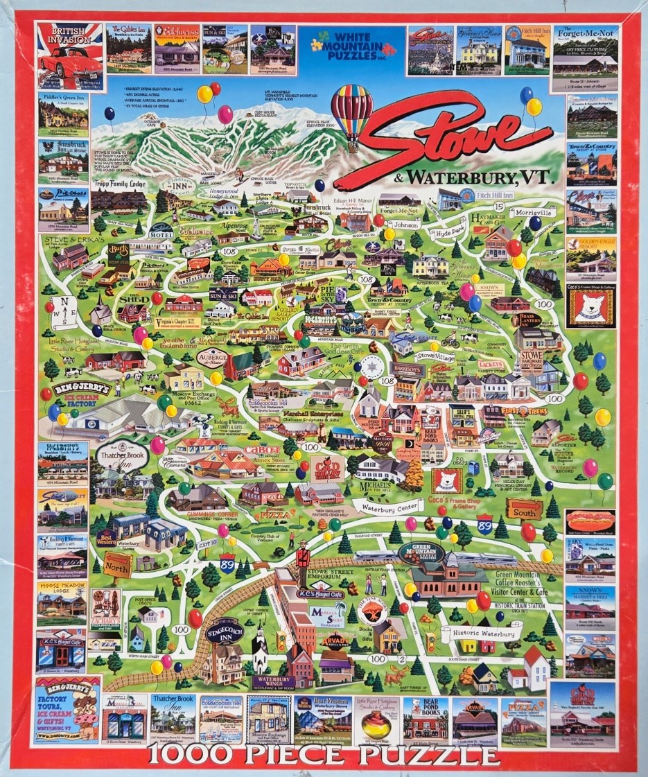 Illustrated pictorial map of Stowe and Waterbury, Vermont, surrounded by small inset images of local landmarks.
