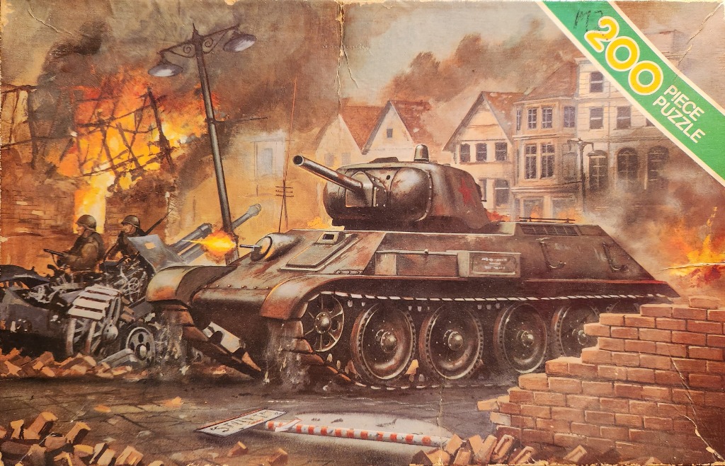An illustration of a World War II Soviet T-34 tank in a burning, battle-torn city street with soldiers nearby.