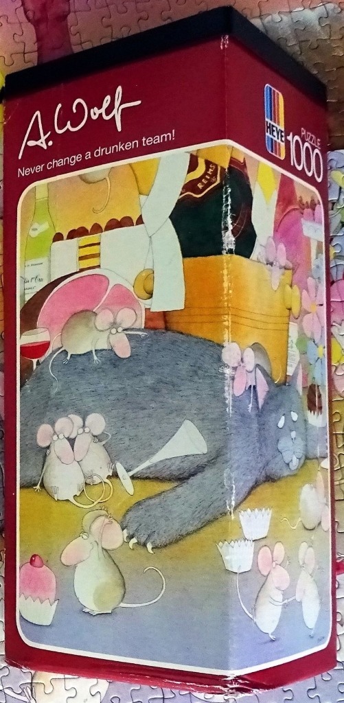 Cartoon illustration of a large grey cat surrounded by mischievous mice celebrating with champagne and snacks.
