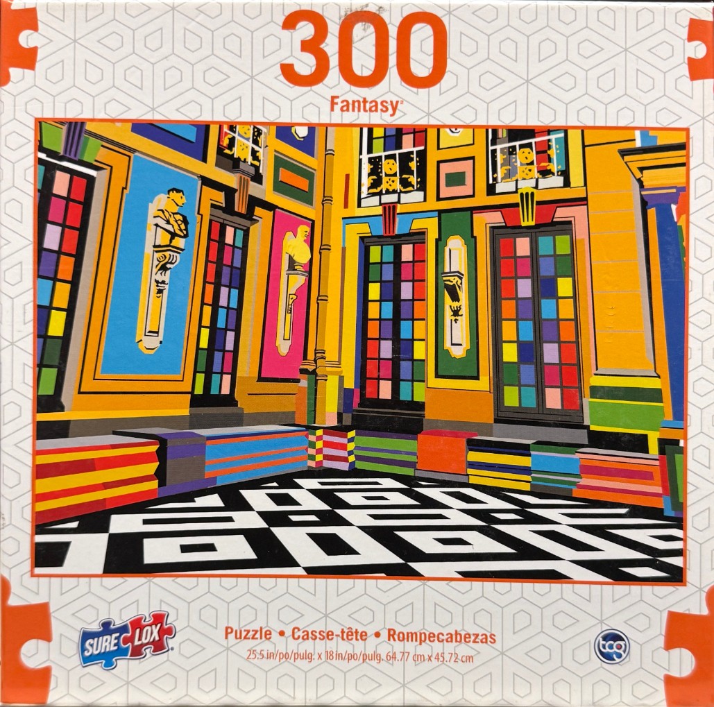 A vibrant, abstract architectural illustration of an interior hallway with bold colors and a geometric floor.