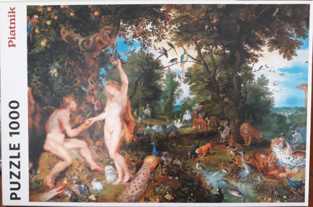 Classic oil painting of Adam and Eve in the Garden of Eden surrounded by exotic animals.