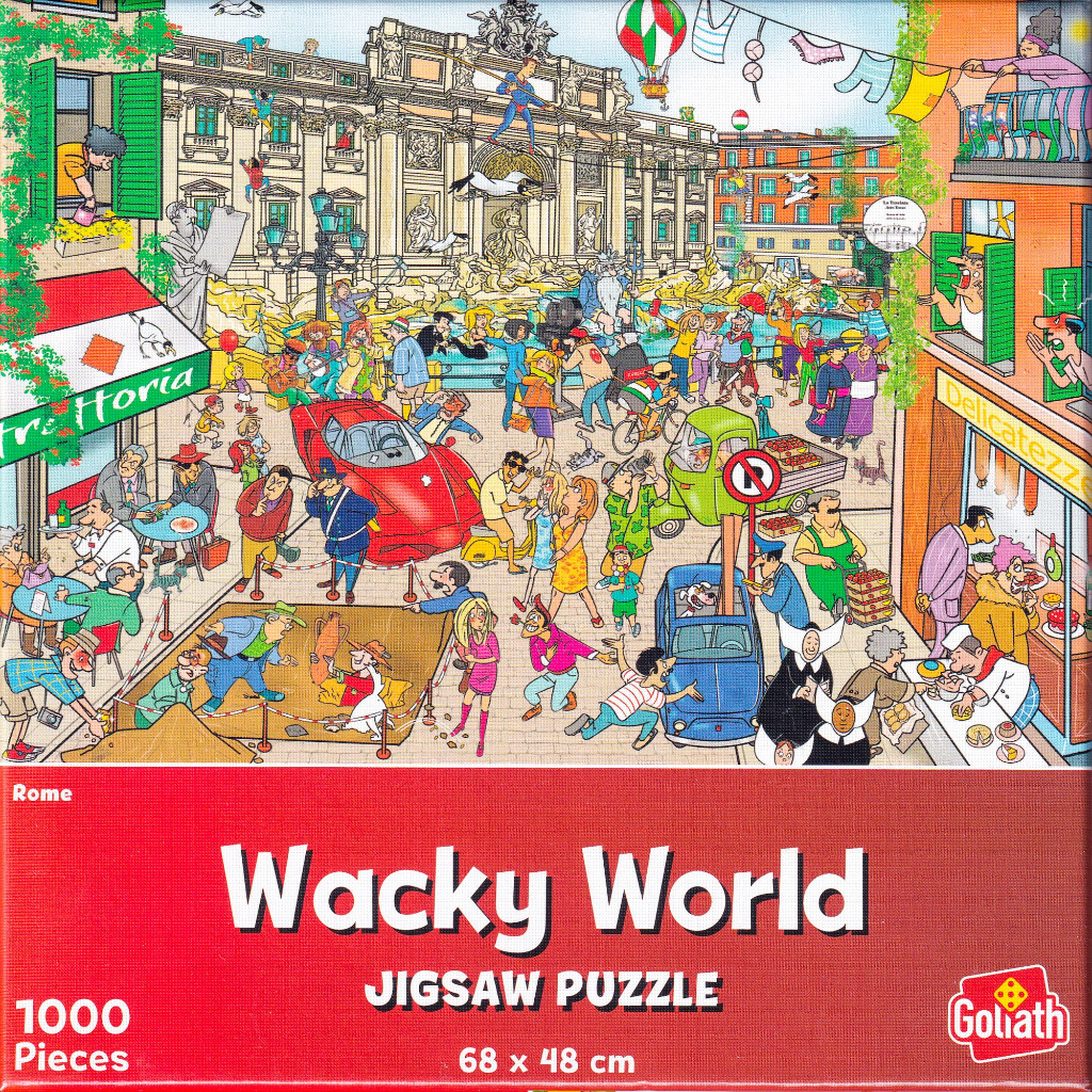 Cartoon illustration of a busy scene at the Trevi Fountain in Rome filled with humorous characters and vehicles.