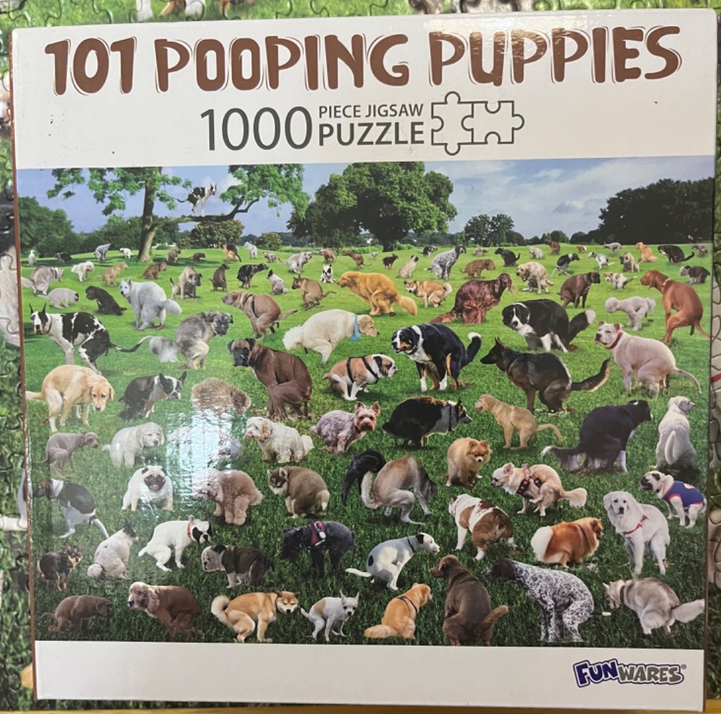 A collage of dozens of different dog breeds on a green field, all in the posture of defecating.
