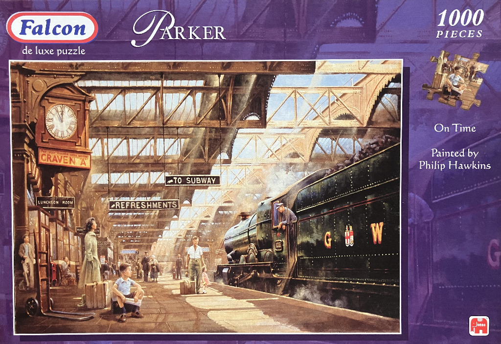A nostalgic painting of a bustling 1940s railway station with a steam locomotive idling at the platform.