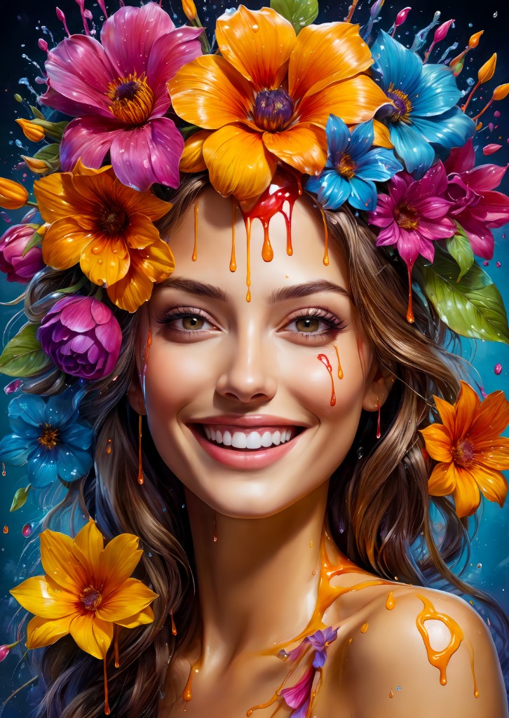 A smiling woman with brown hair adorned with vibrant, colorful flowers and dripping orange liquid.