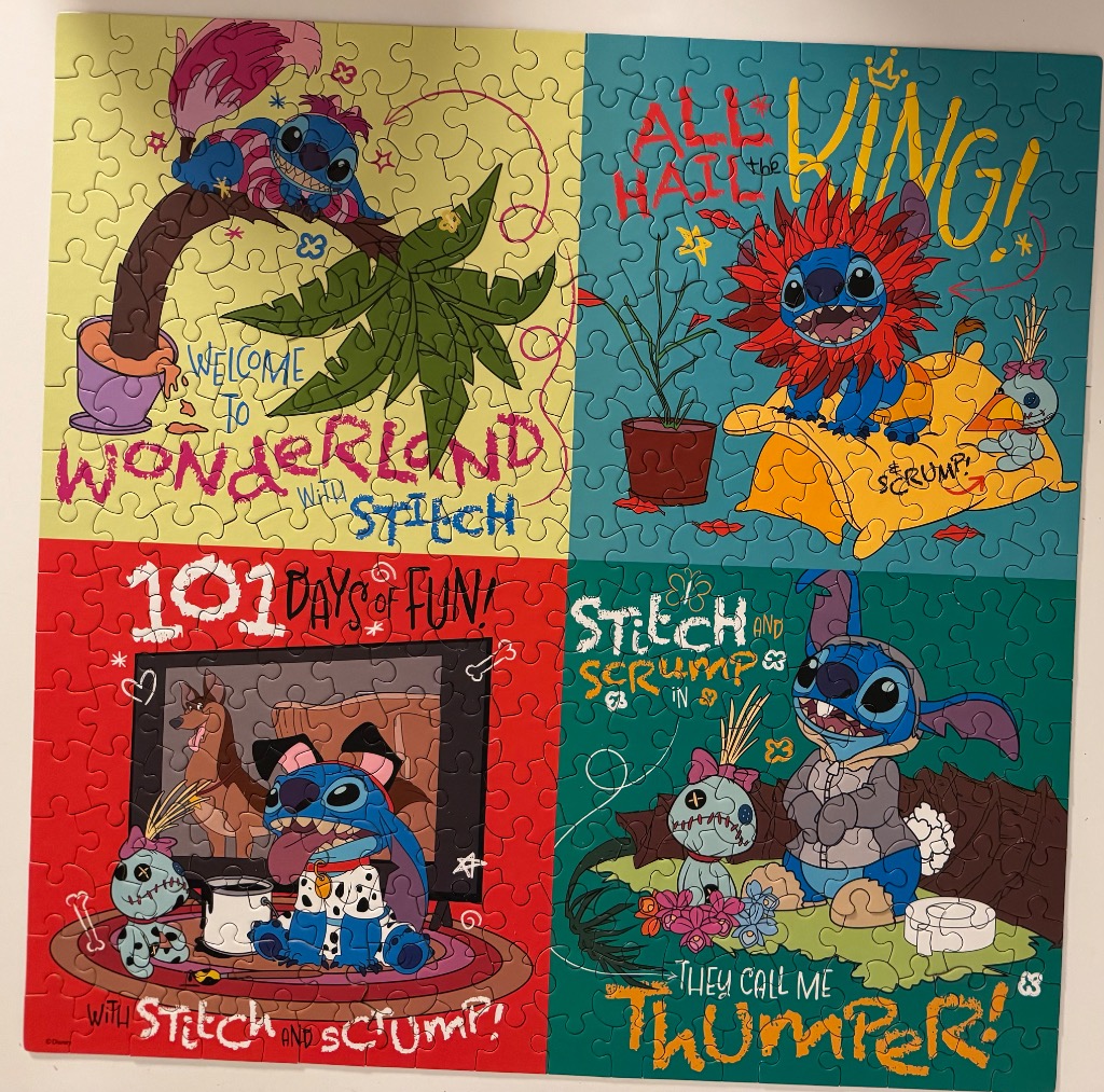 Four-panel illustration of the character Stitch in various pop-culture-themed costumes