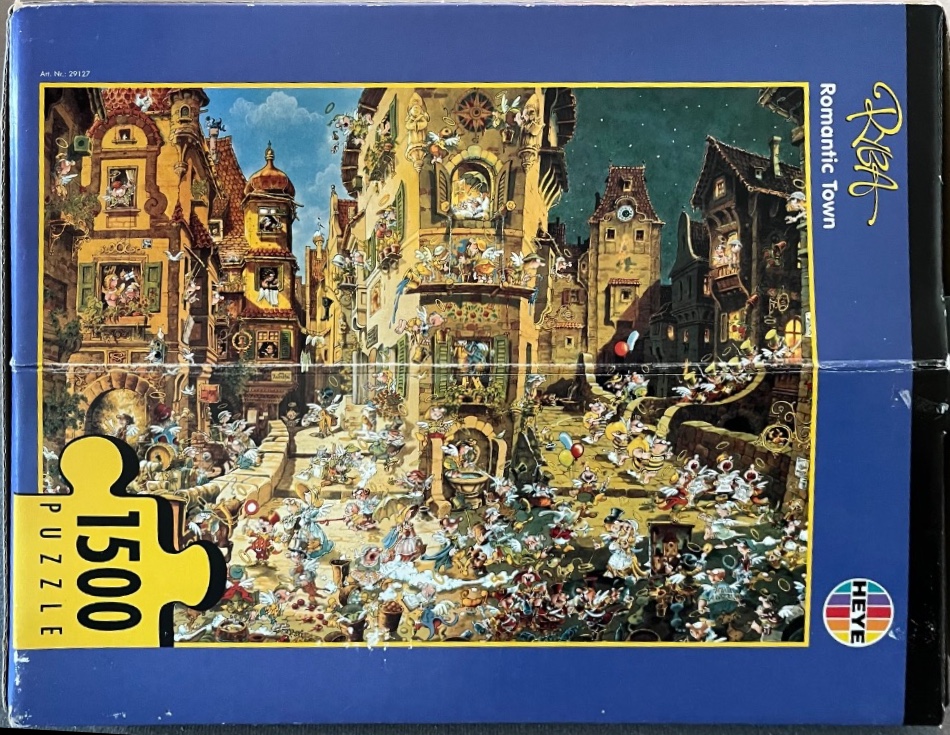 Busy cartoon scene of angels in a European village