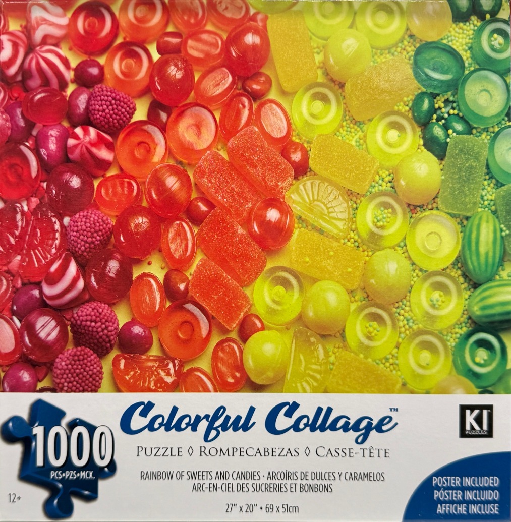 A vibrant, high-angle close-up of a rainbow of assorted candies and hard sweets arranged in a gradient.