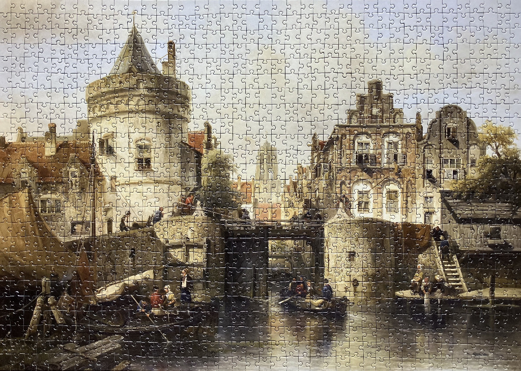 A historical Dutch canal scene painting featuring a round stone tower, brick gabled houses, and small boats on the water.