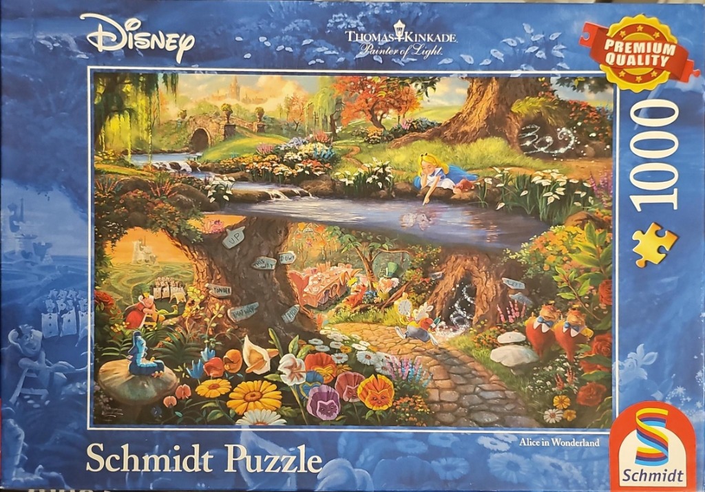 Alice in Wonderland in a lush, magical forest scene with various characters and a river.