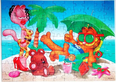 Garfield wearing sunglasses and a bikini-clad pink cat lounging on a sunny beach.