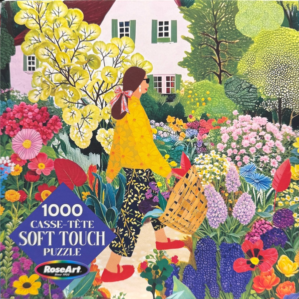 An illustration of a woman in a yellow shirt and patterned pants walking through a vibrant, flower-filled garden.