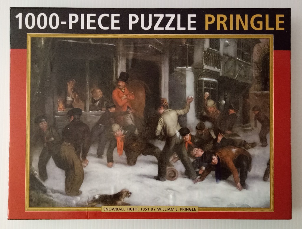 An oil painting of a lively 19th-century snowball fight with children and a man in a top hat in front of a stone building.