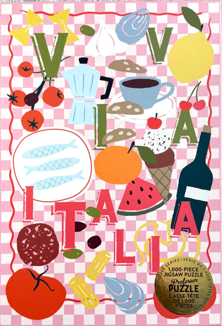 A whimsical illustration of Italian food and drink on a pink and white checkered background.
