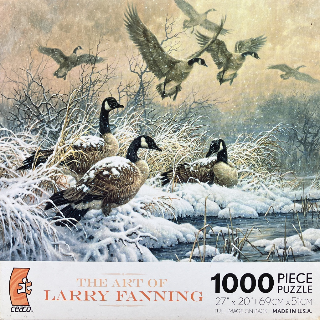 A flock of Canada geese in a snowy wetland landscape during winter.