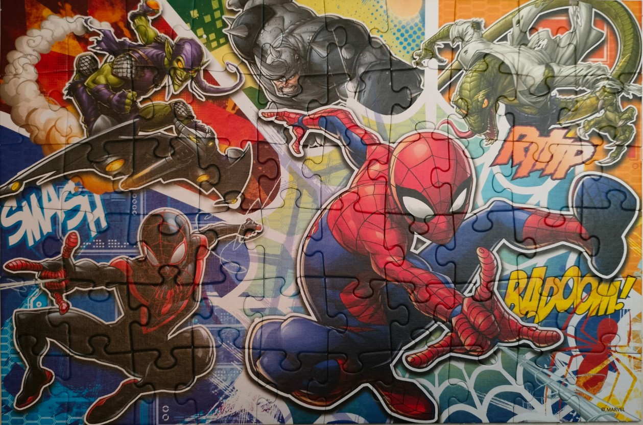 Spider-Man and various supervillains in a comic book style action scene.