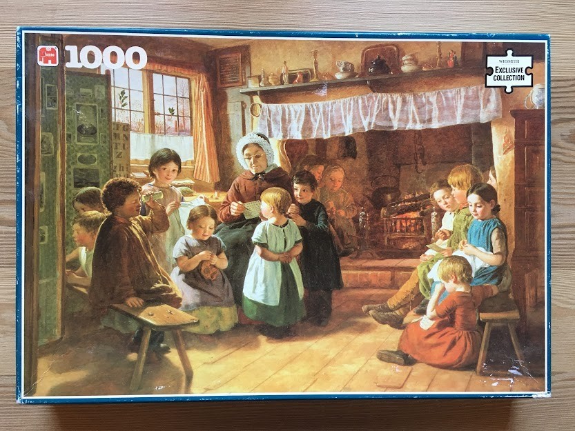 A Victorian schoolmistress teaching a group of young children in a cozy, firelit classroom.
