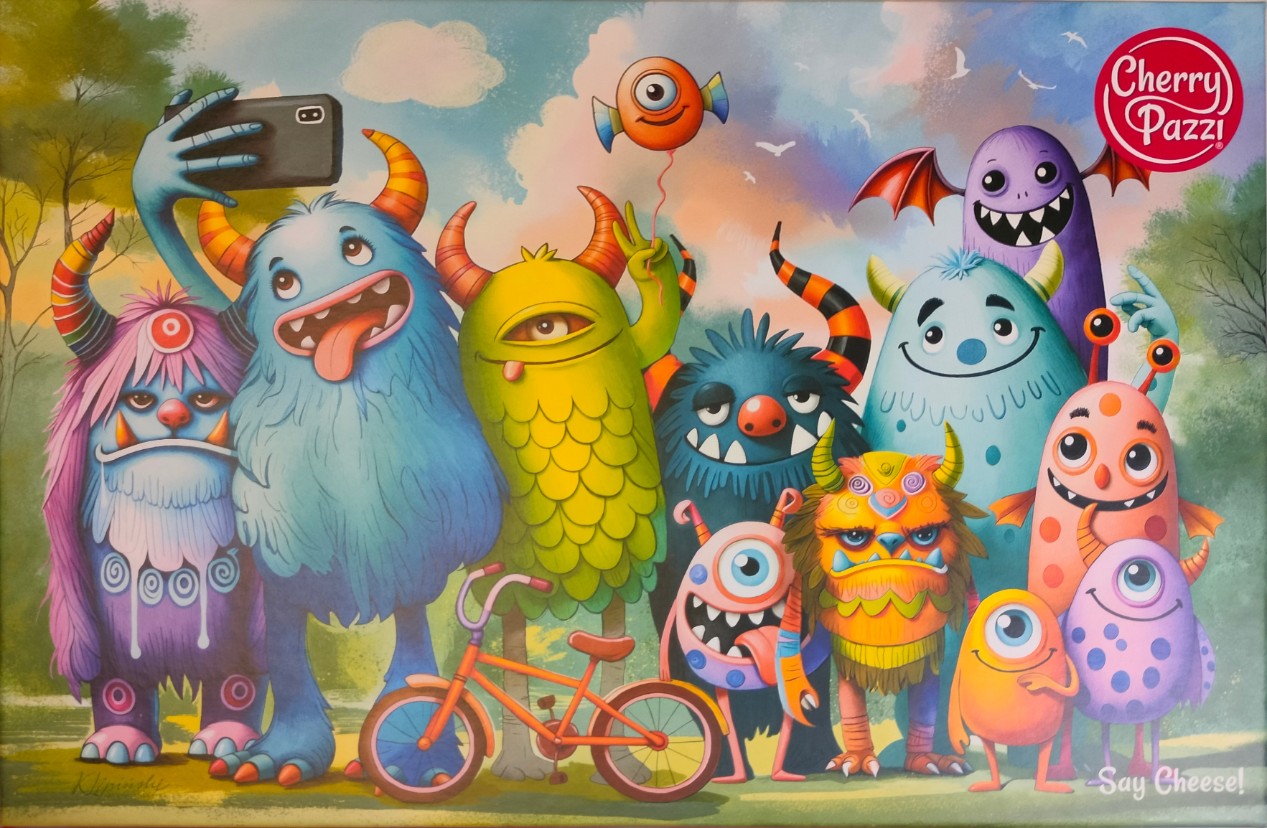 A group of colorful, cartoon-style monsters posing for a group selfie outdoors.