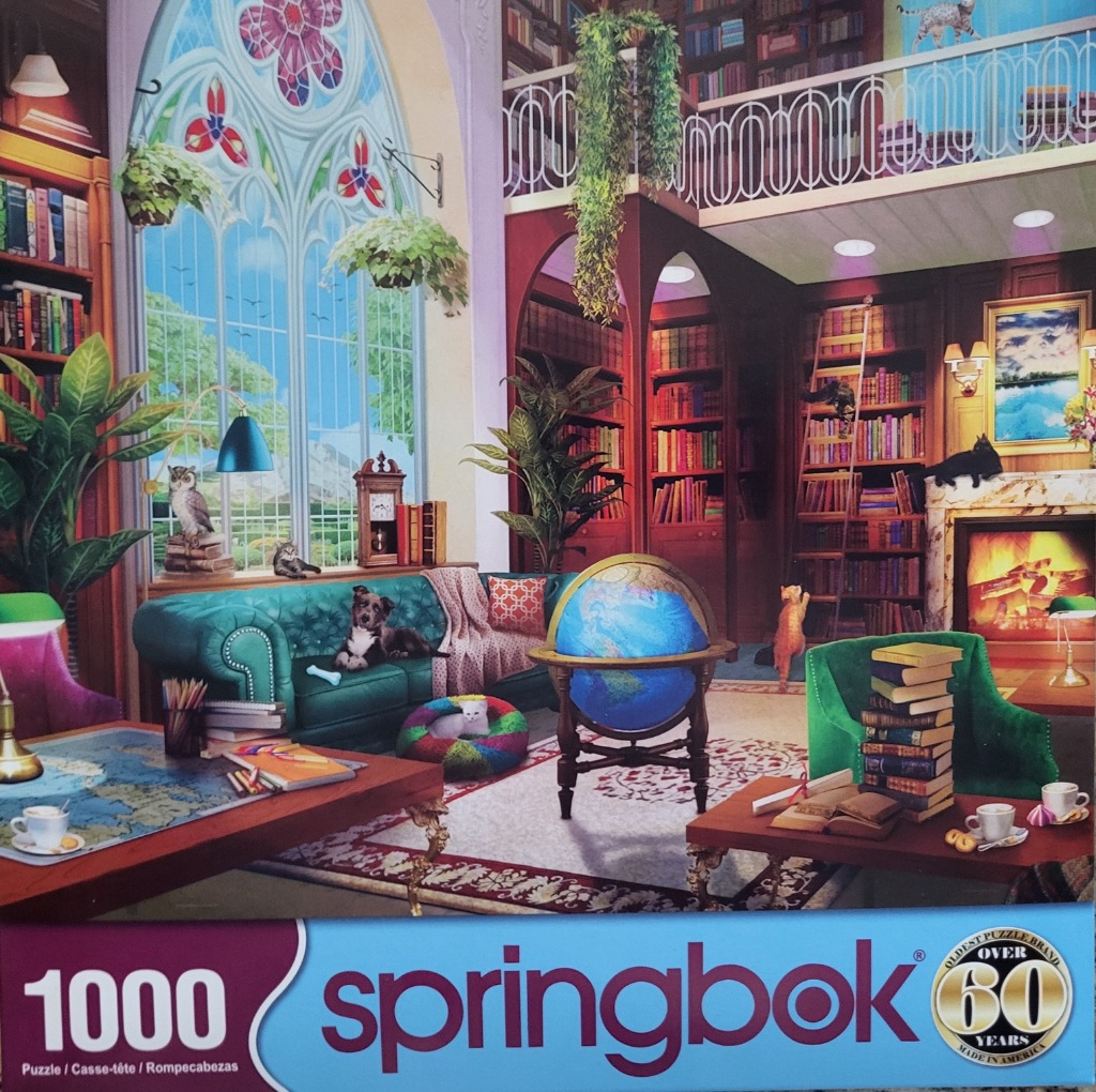 A cozy, multi-level library room filled with books, plants, and several cats and a dog resting throughout the space.