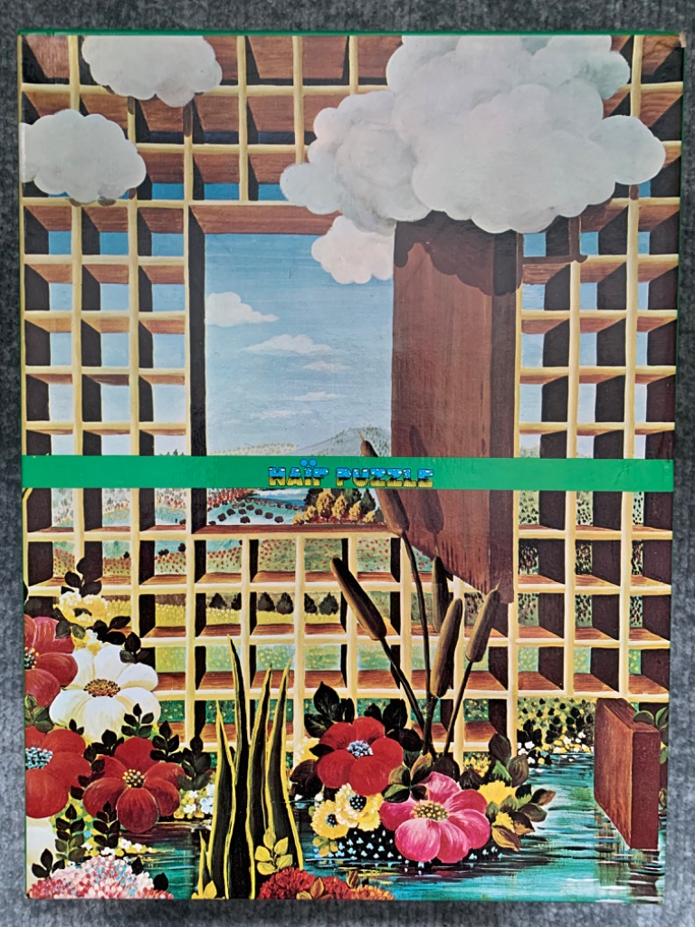 A surrealist painting of a landscape seen through a wooden lattice, with foreground flowers and cattails in water.