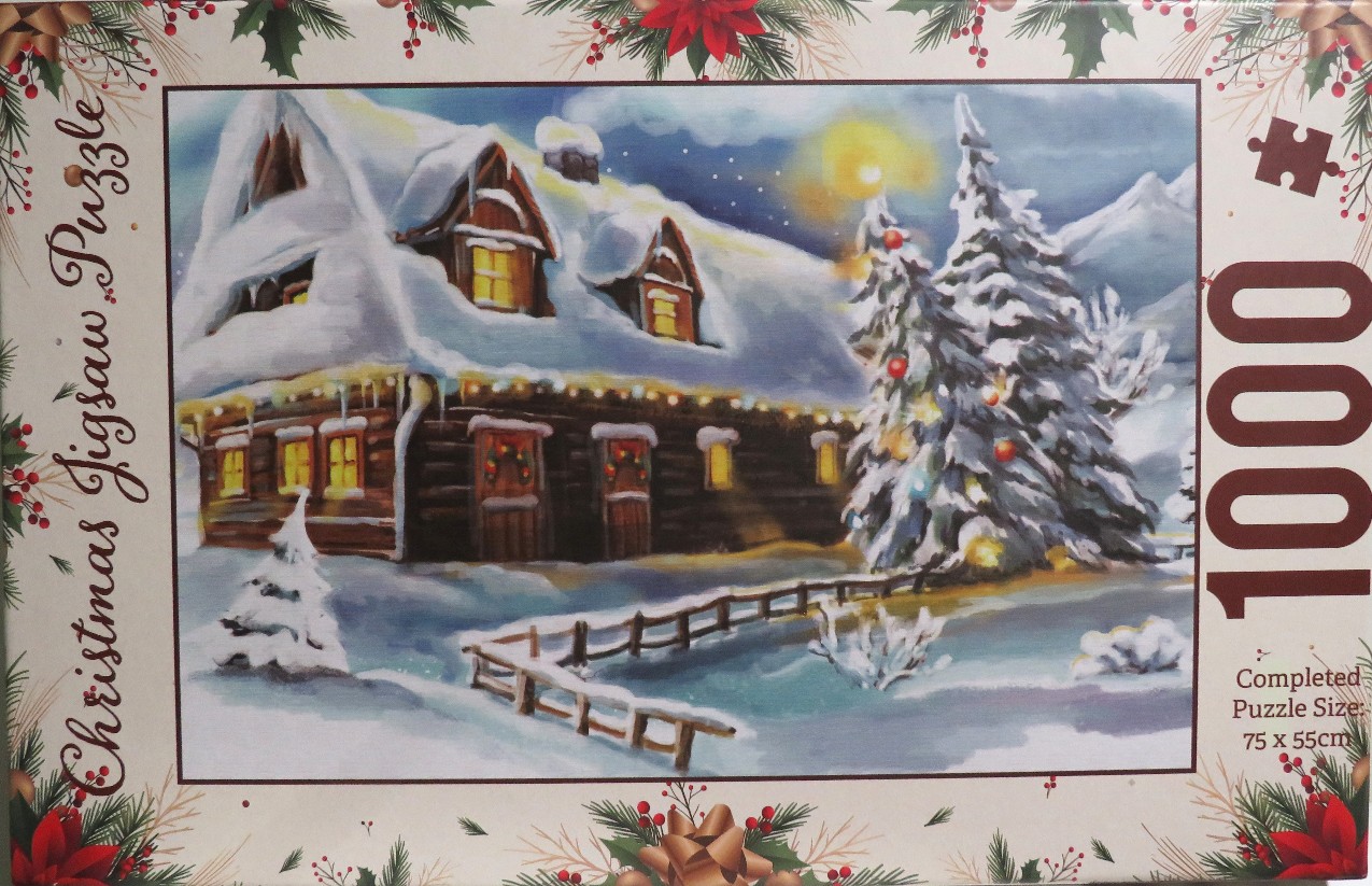 A nostalgic winter scene of a snow-covered log cabin at night, decorated for Christmas.
