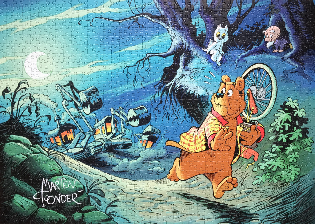 Cartoon illustration of a bear walking away from mechanical diggers in a moonlit forest.