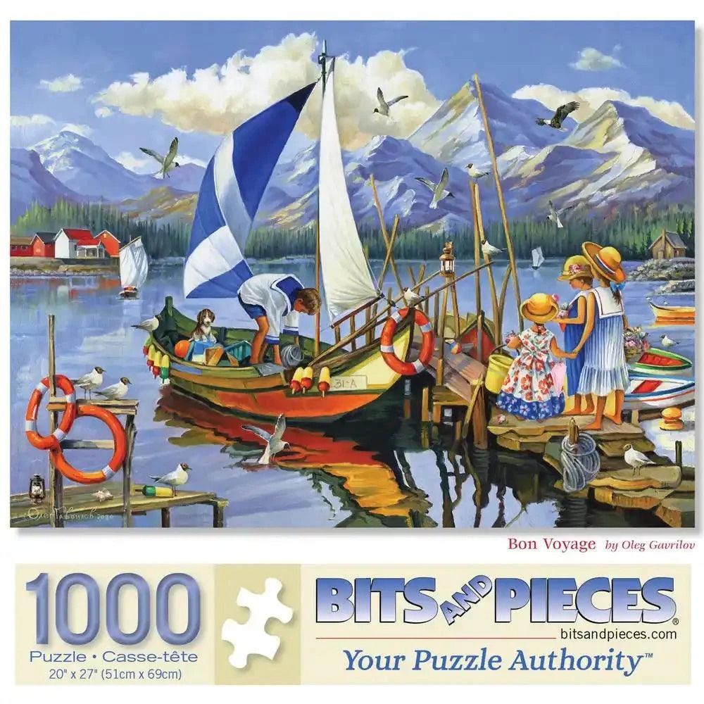 An impressionist oil painting of children preparing a sailboat at a wooden dock by a mountainous lake.