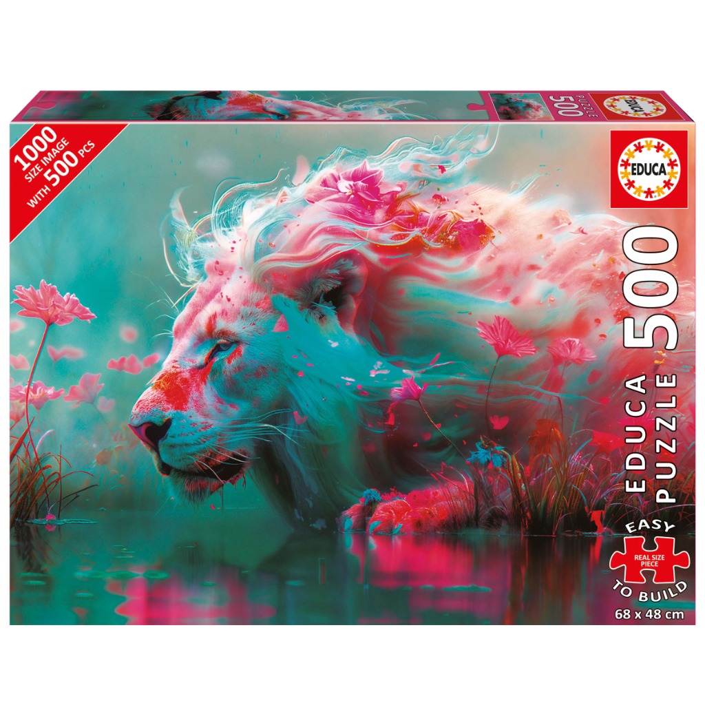 An ethereal lion with a mane flowing into pink flowers in a vibrant teal water setting.