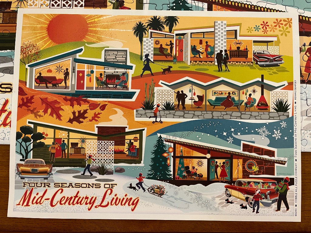 Stylized illustration of mid-century modern homes across four seasons, featuring retro architecture, cars, and people.