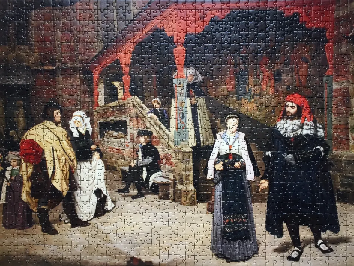 An oil-style historical painting depicting figures in medieval or Renaissance attire standing before a stone building.