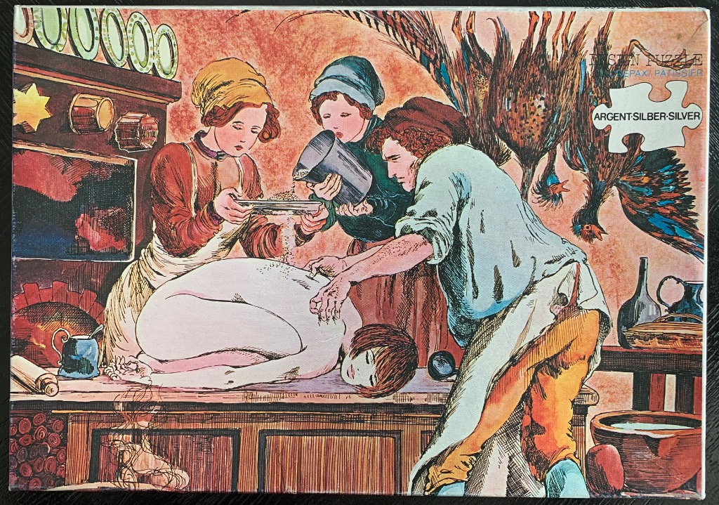 Illustration of three people in a rustic kitchen preparing dough on a wooden counter.