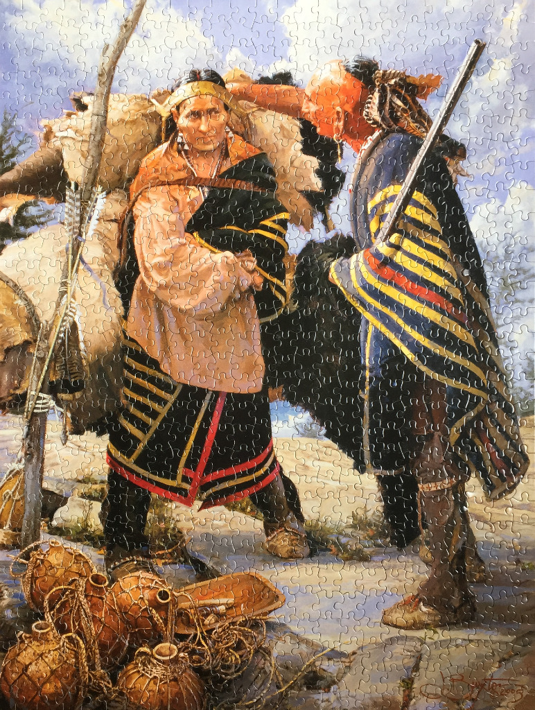 Oil painting of two Native American men standing outdoors with hunting gear and furs.