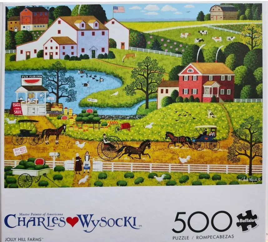 Folk art painting of a bustling American farm scene with horses, carriages, and a watermelon stand.