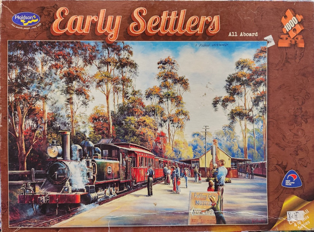 A nostalgic painting of a vintage steam train stopped at a railway station surrounded by tall gum trees.