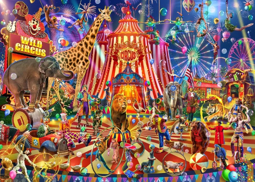 A vibrant, crowded circus scene with a central red and white striped tent surrounded by animals and performers.